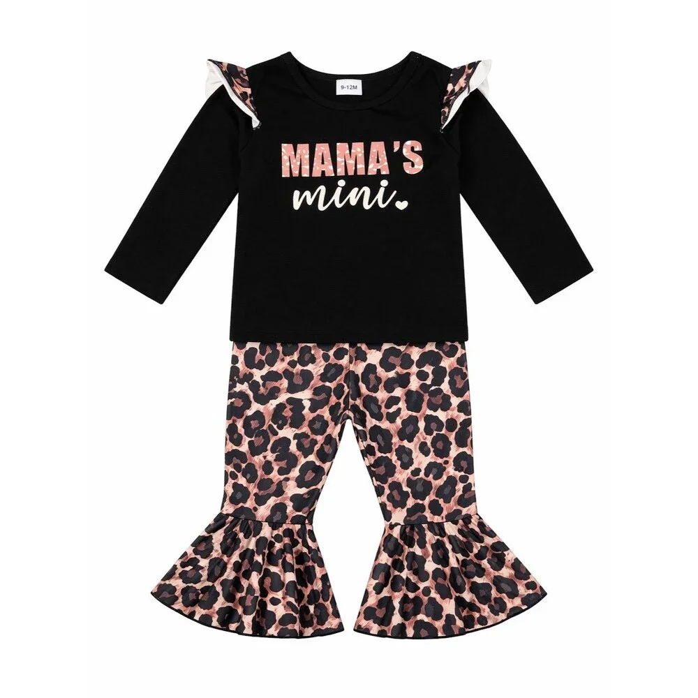 Boutique Mama’s Mini Outfit 9-12M Leopard Bell Bottoms Set Girls Trendy